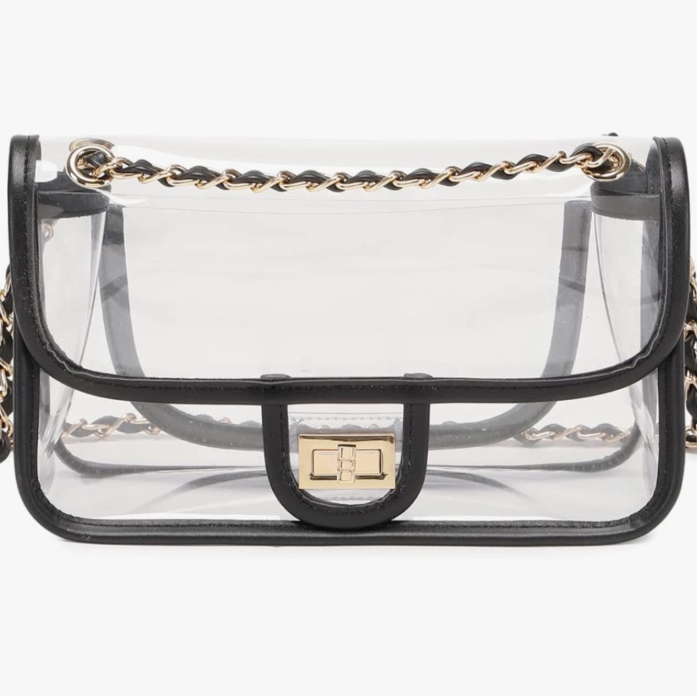 Women’s PVC Clear Purse with Black and Gold Adjustable Strap.